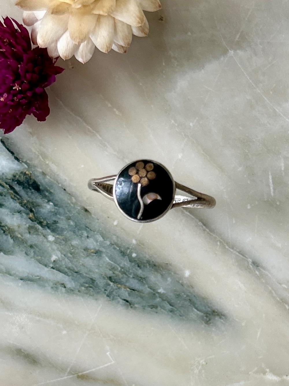 Petite Abalone and Onyx Flower Ring